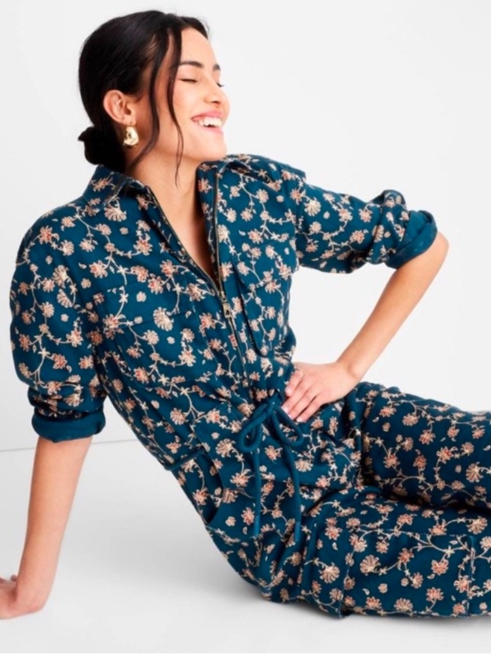 Floral Utility Jumpsuit in Deep Teal - Picture 3 of 11